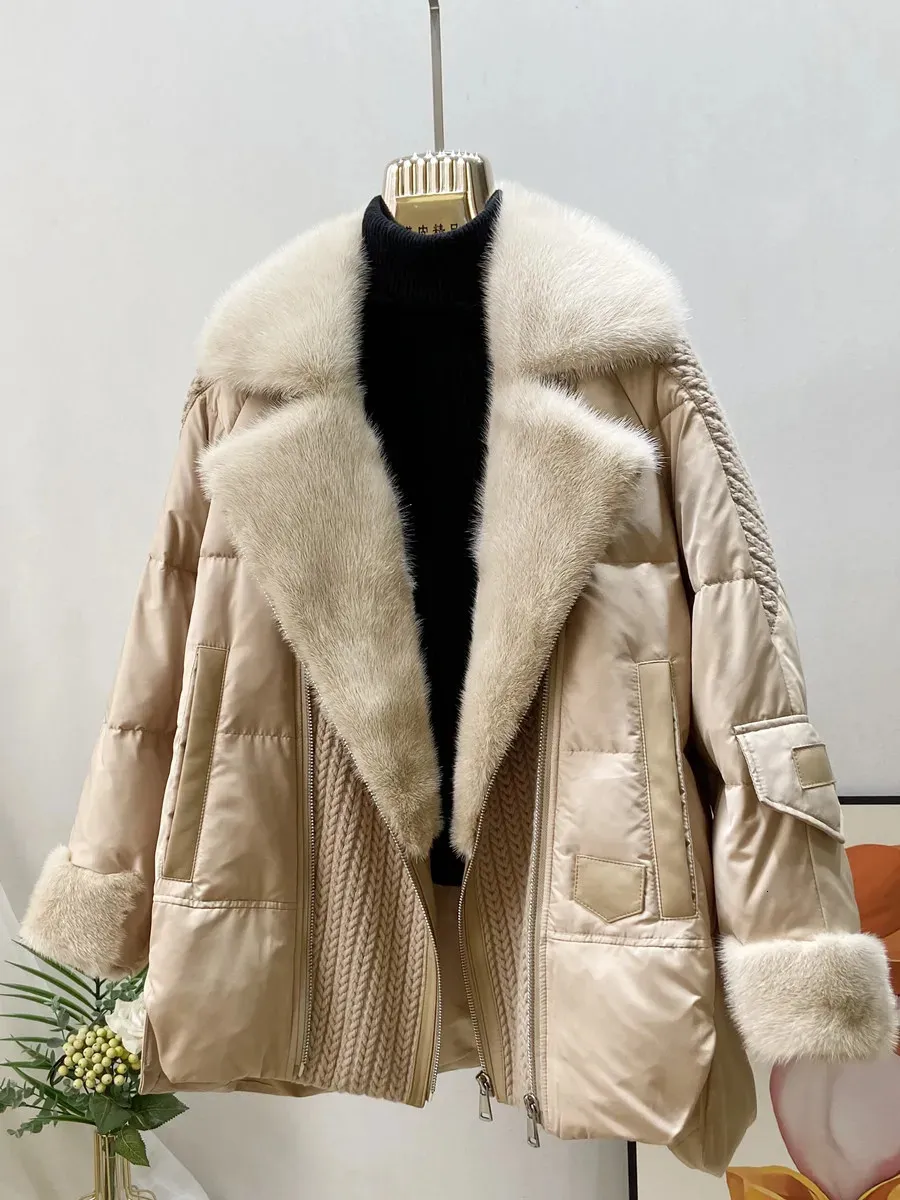 Manteau en fourrure de vison véritable pour femme, parka à la mode, automne-hiver, veste en plumes d'oie naturelle, capuche de luxe, 231128