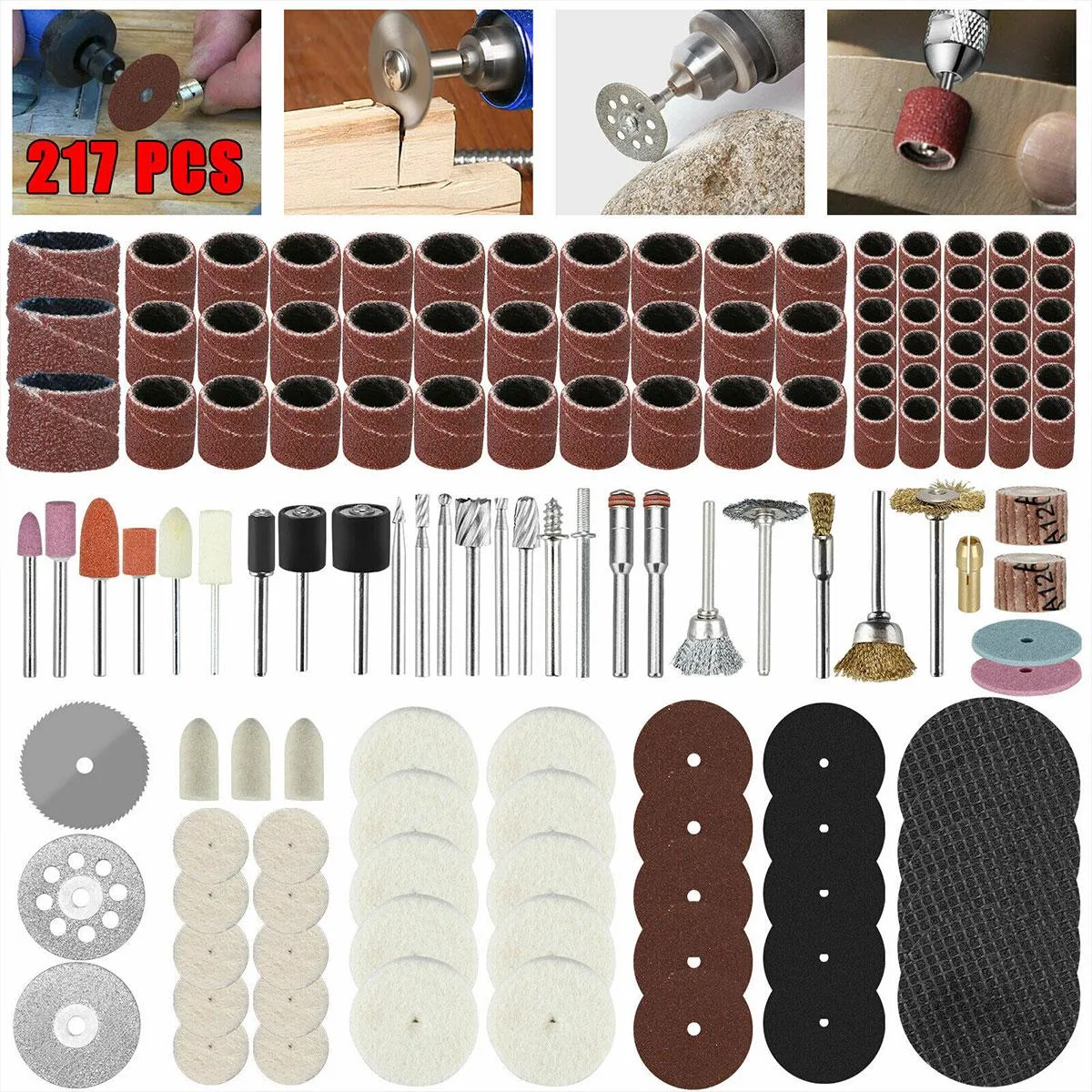 Gereedschap 217-delig Rotary Tool Accessoires Kit Mini Wolwiel Doorslijpschijf Koper Chuck Zaagbladen Kit Graveur Pen voor Slijpen Polijsten