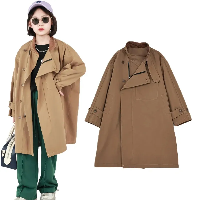 Jackor Windbreaker för flickor Winter Coats dragknapp Knappficka Lång barn Girl Coat 2023 Korean Style Trench Jacket 231128