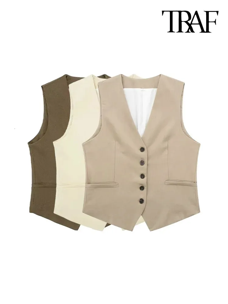 Women's Vests TRAF Women Fashion Front Button Linen Waistcoat Vintage V Neck Sleeveless Female Outerwear Chic Vest Tops 231128