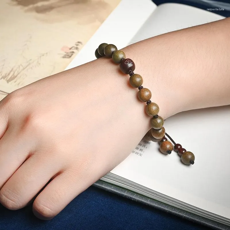 Strand Woven Green Sandalwood Wood Buddha Beads Bracelet Student Buddhist Lovers Female Retro Art Folk Style Jewelry Gift