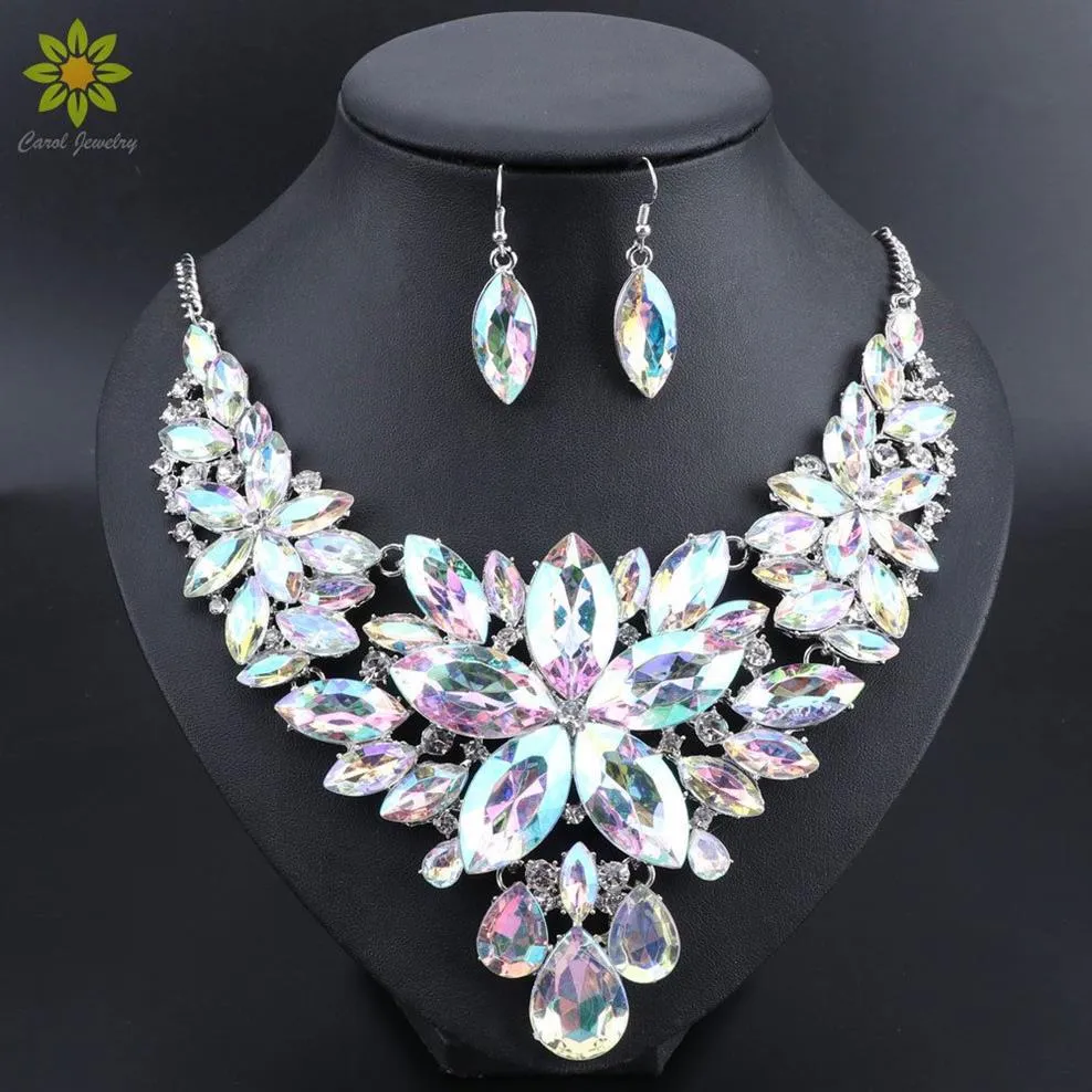 Neue luxuriöse indische Brautschmuck-Sets, Hochzeit, Party, Kostümschmuck, Damenmode, Geschenke, Blumen-Kristall-Halsketten-Ohrringe-Sets 21901