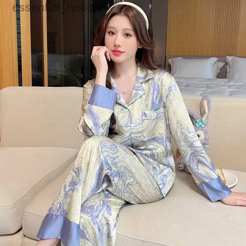 Women's Sleep Lounge Ice Silk Pajamas Women's Summer Long-sled Trousers Two-piece Printed Light Luxury Pajamas Women's High-end Home Service Suit L231129