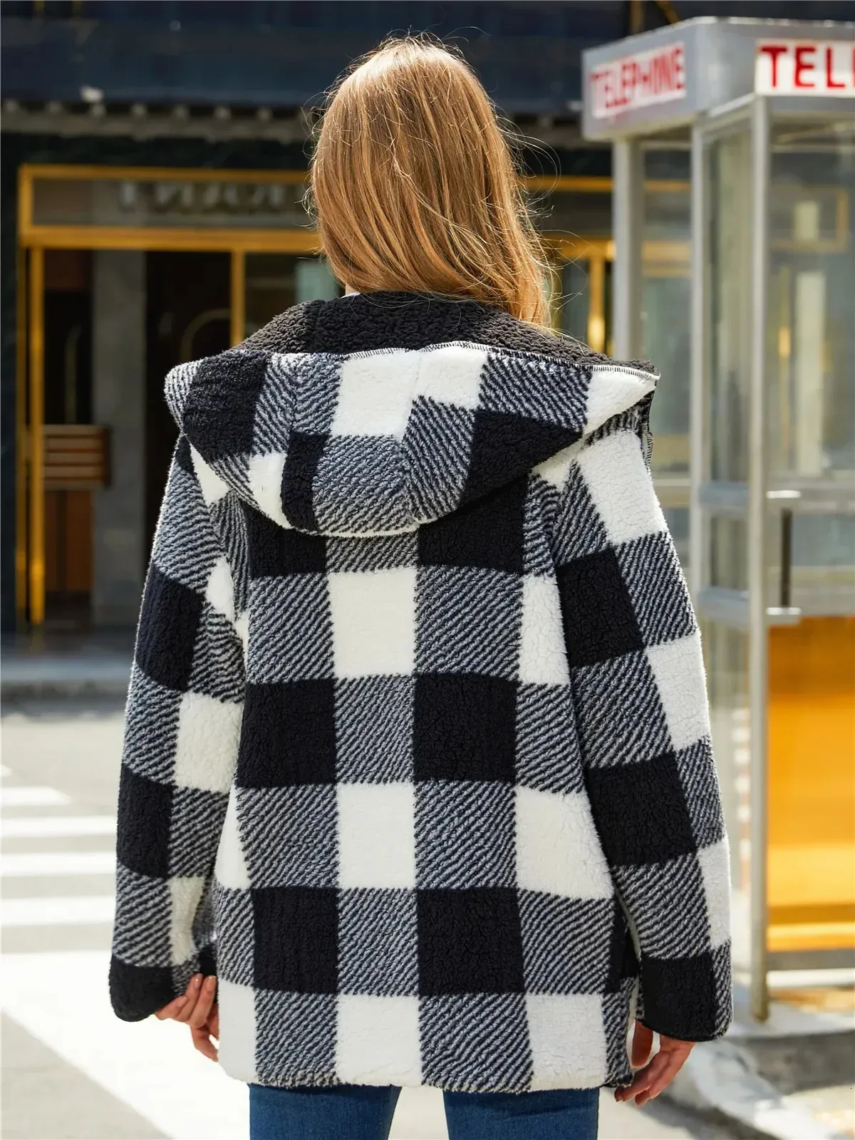 Giacche da donna Cappotti casual con cappuccio da donna per abbigliamento da donna Velluto a bolle Nero Bianco Plaid Felpe con cappuccio Giacca invernale spessa e calda Abbigliamento donna 231129