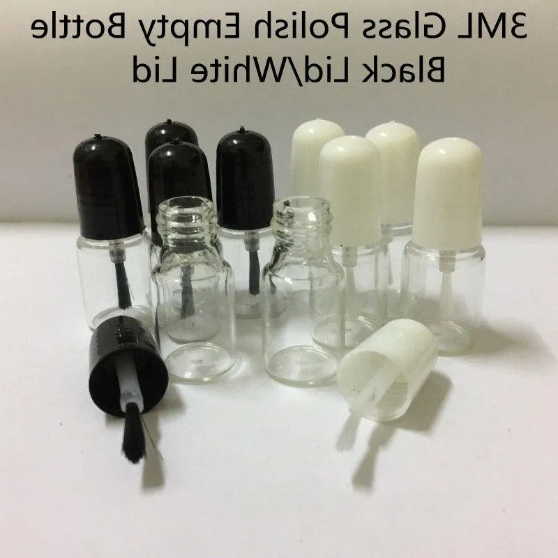 3 ml mini glas polsk tom flaska med pensel svart/vitt lock 16*42 mm rund klar kosmetisk kosmetisk nagellack prov containrar rör vacup