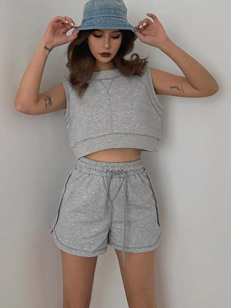 Survêtements pour femmes Lâche Casual 2 pièces Ensembles Femmes Tenues 2023 Été Coréen Mode Coton Sans Manches Débardeur Crop Top Short Assorti S