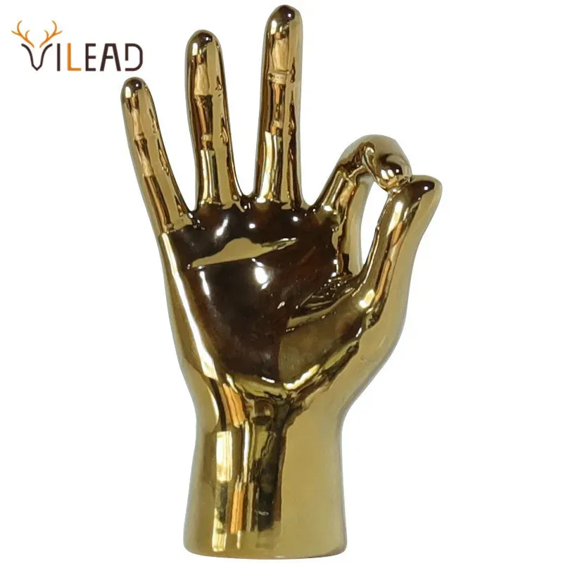 Decorative Objects Figurines VILEAD Golden Porcelain Gesture Finger Figurine Modern Ornament Home Decoration Office Desktop Statue Decor Interior 231128