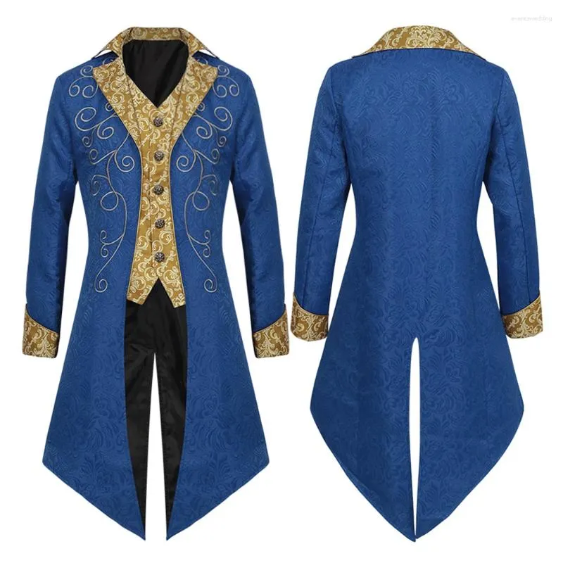 Men's Trench Coats Blue Retro Embroidery Outfit Coat For Men Medieval Victorian Costume Tuxedo Gentlema Tailcoat Gothic Steampunk VD4324