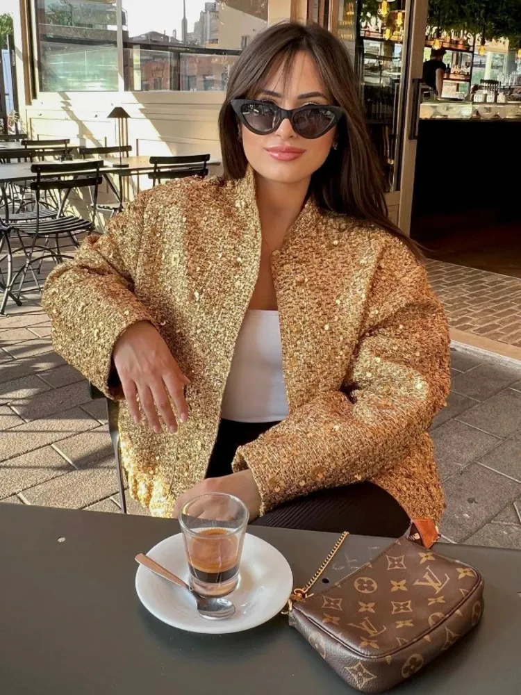 Womens Jackets Golden Sequined Stand Collar Fashion Women Jacket Long Sleeve Zipper Pockets Female Coat Autumn Solid Streetwear Lady Top 231129