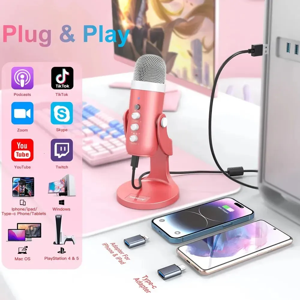 USB Конденсаторный Микрофон Розовый Студийный Микрофон Для Записи Для ПК  Mac Компьютер Телефон Игровой Потоковый Подкастинг Вокал Ноутбук Настольный  231226 От 1 701 руб. | DHgate