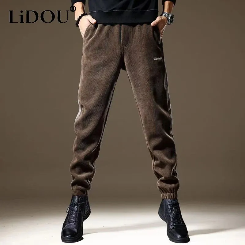 Herrbyxor vinter mode elastisk midja tröja man high street casual lös kontrast färgfickor koreansk stil all-match byxor 231129