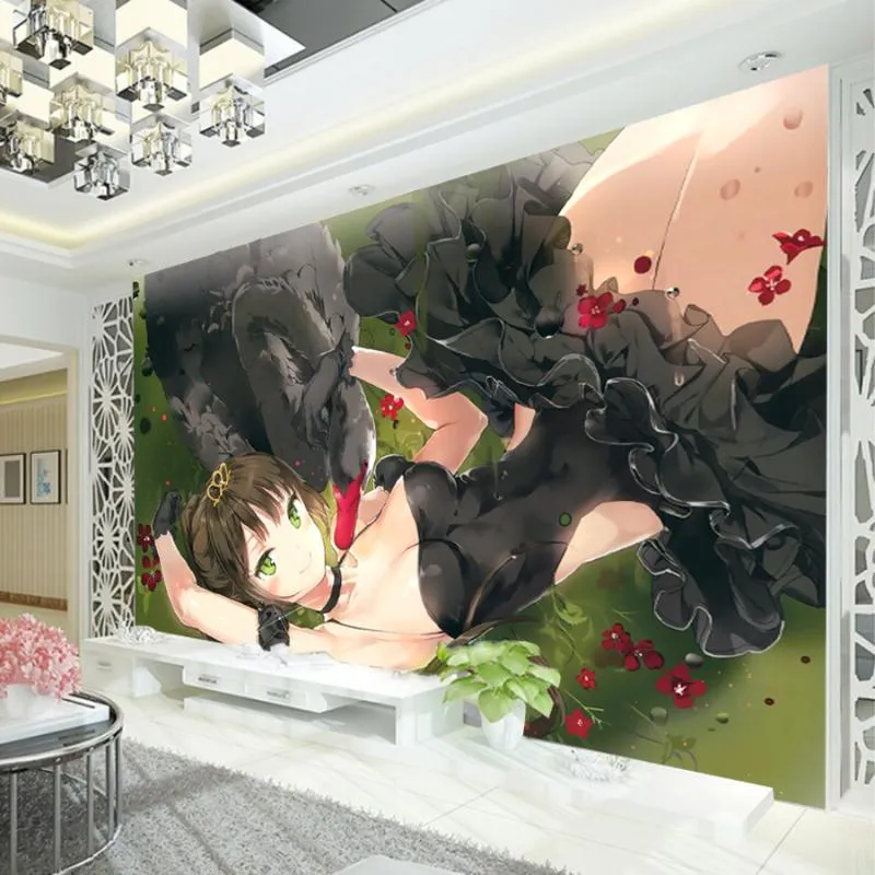 Tapeten Schwarz-Weiß-Schwanentapete 3D-Tapeten Japanisches Anime-Mädchen Wandbild Rollen Sofa TV Hintergrund Polsterung