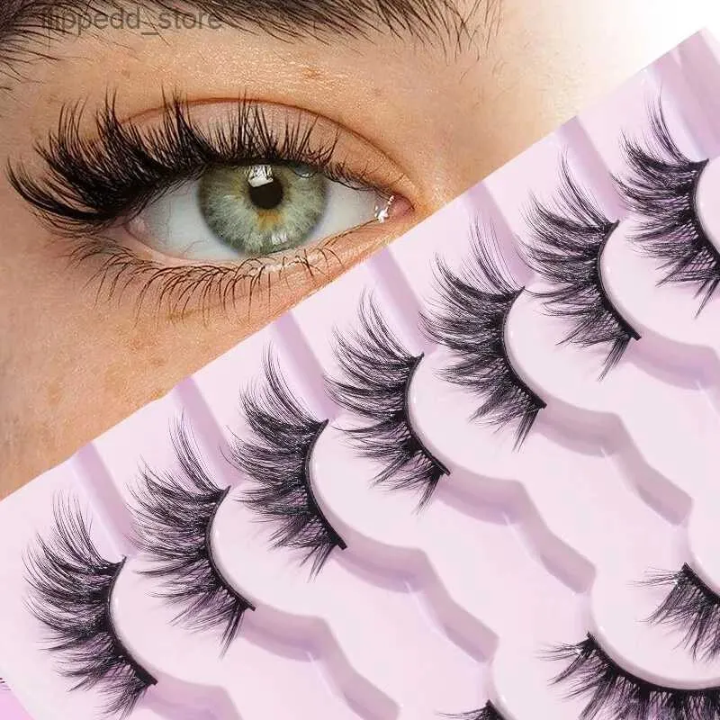 Faux cils 7 paires de cils épais et minces avec fil de coton noir allongé et confortable et queue de poisson croisée demi-oeil faux E Q231129