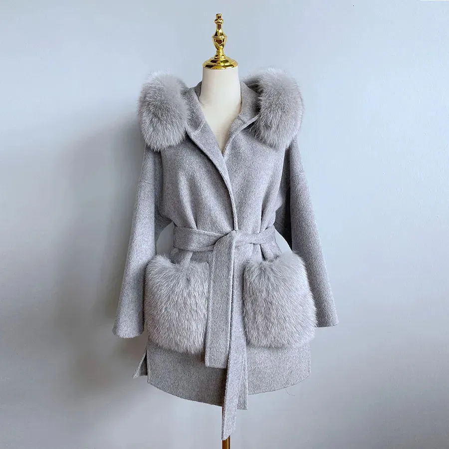 Misturas de lã feminina 2023 chegada cashmere jaqueta feminina real gola de pele de raposa moda modelo bolso com pele 231129