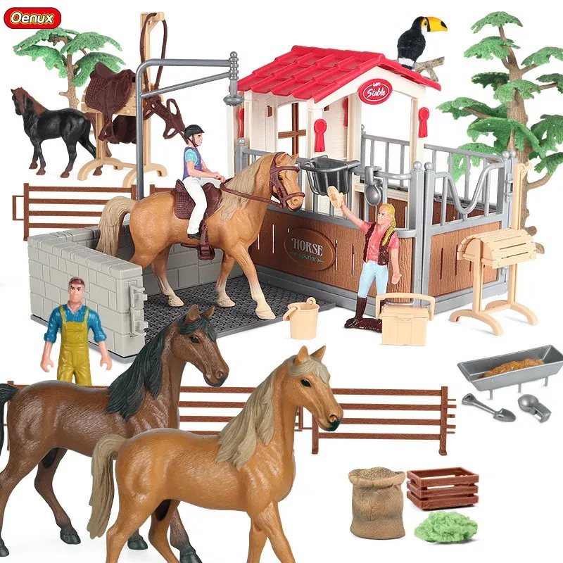 Militära figurer Oenux Farm Stable House Model Action Emulational Horseman Horse Animals Playset Figuren Söta pedagogiska barn Toy Gift 231128