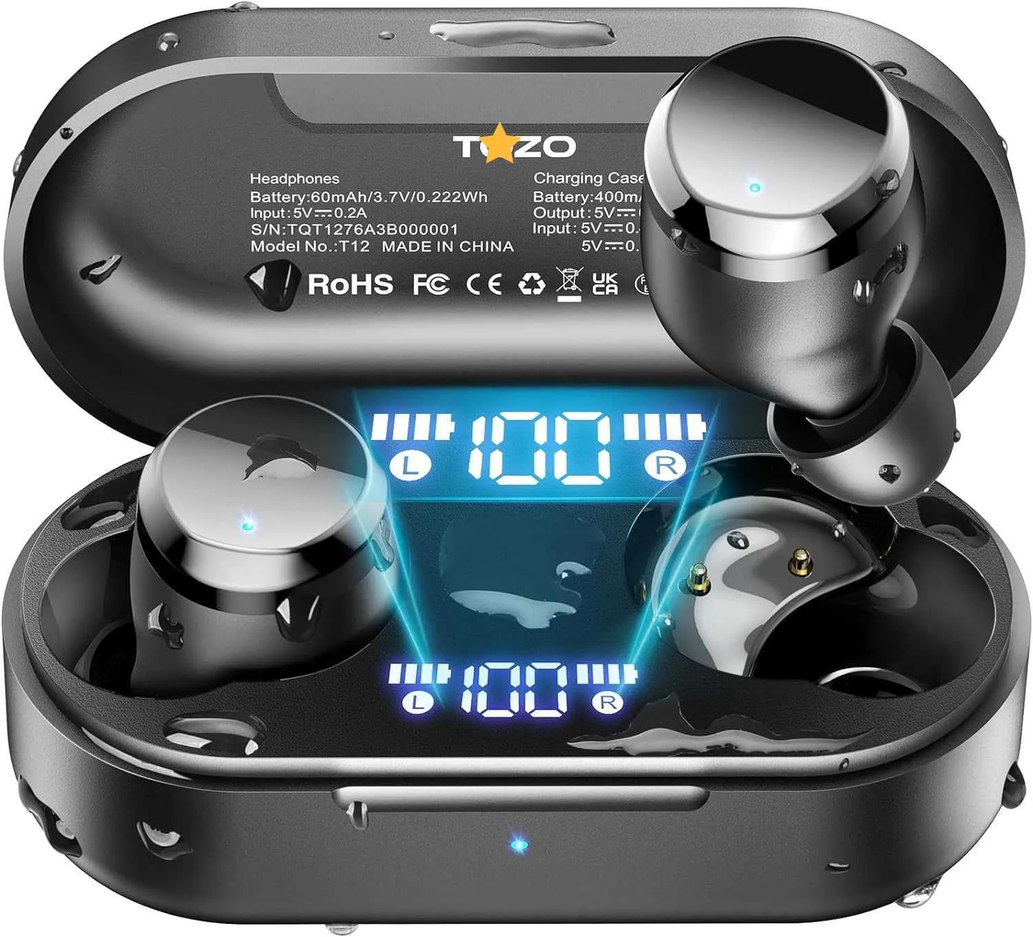 Fones de ouvido Bluetooth sem fio TOZ HIFI estéreo de longa duração da bateria display à prova d'água mini portátil 2JA9E