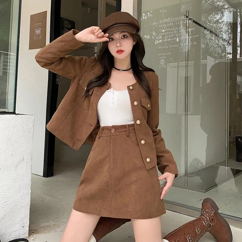 Work Dresses Autumn Winter Elegant Corduroy Two piece Set For Women 2023 Jacket Tops And Mini Skirt Female L 4XL Party Casual Streetwear