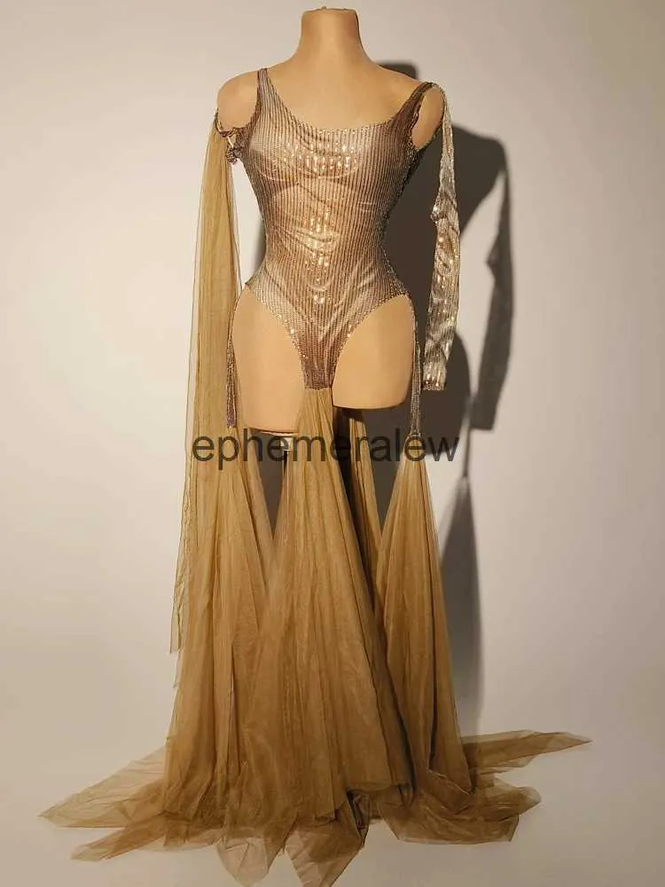 Stage Wear Fashion Maillard Style Sex Bodysuit Brown One Sleeve Long Mesh Wear Party Pub Outfit Stage Performance Comeephemeralew