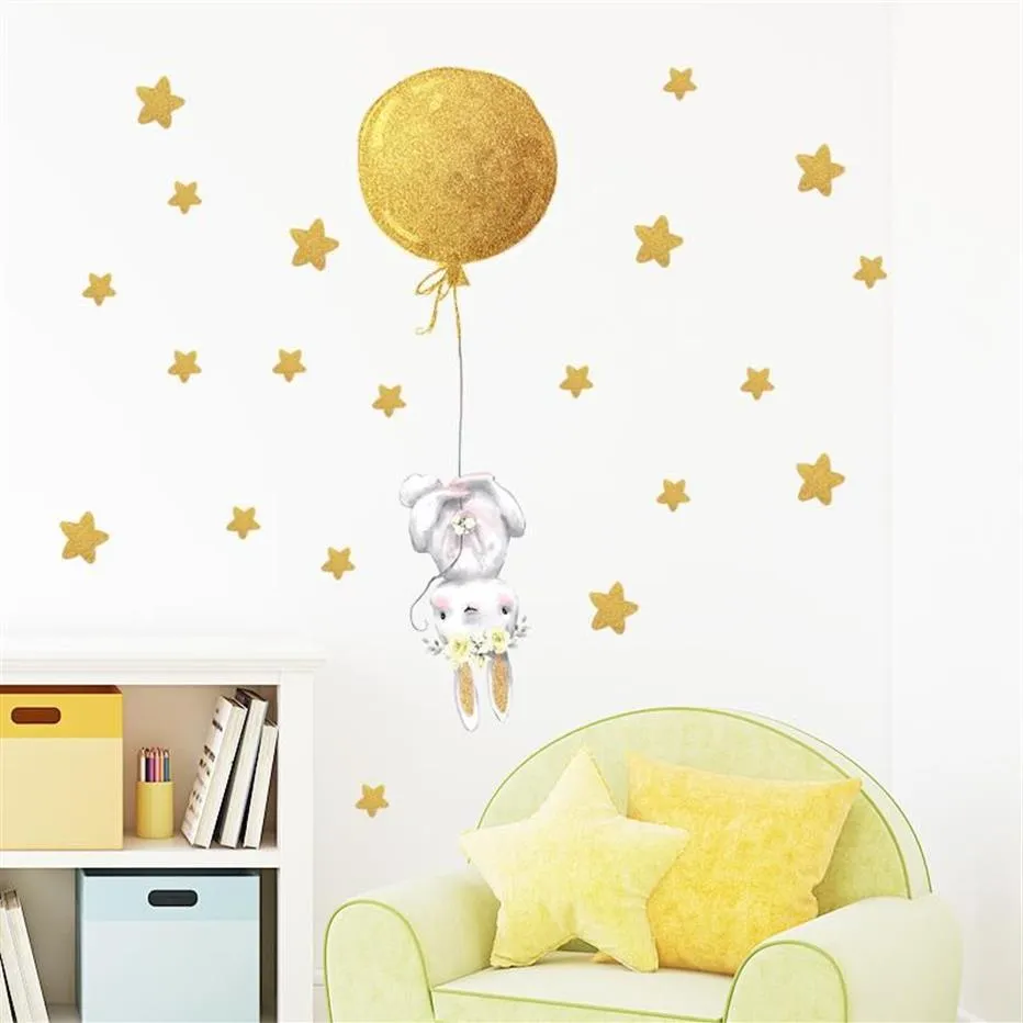 Wall Stickers Gold Air Balloon Flower For Kids Room Baby Nursery Decorative Decals Living Bedroom204E
