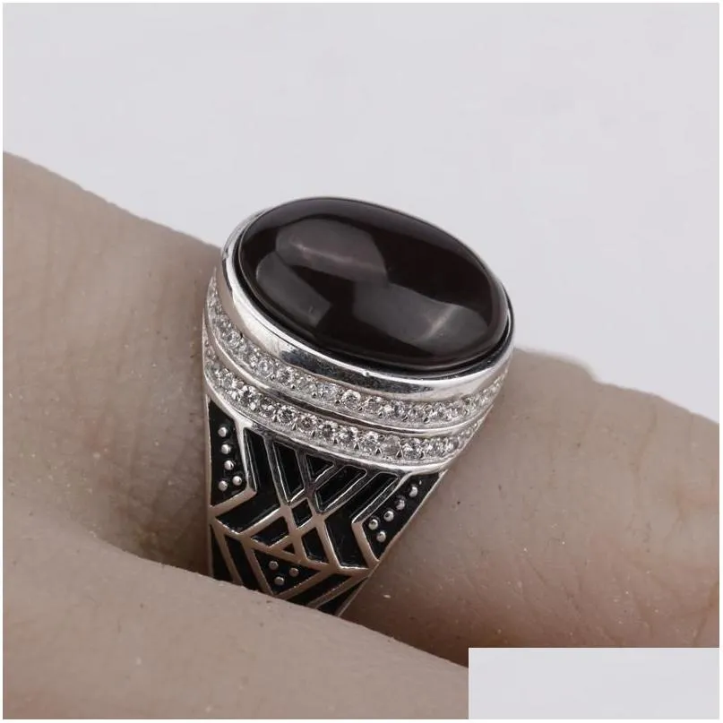 Anillos de racimo 925 Sterling Sier Hombres Anillo de dedo con piedra de ágata marrón oscuro Punk Big Onxy Clear Cz Joyería de boda fina Entrega de gota Dhwg6