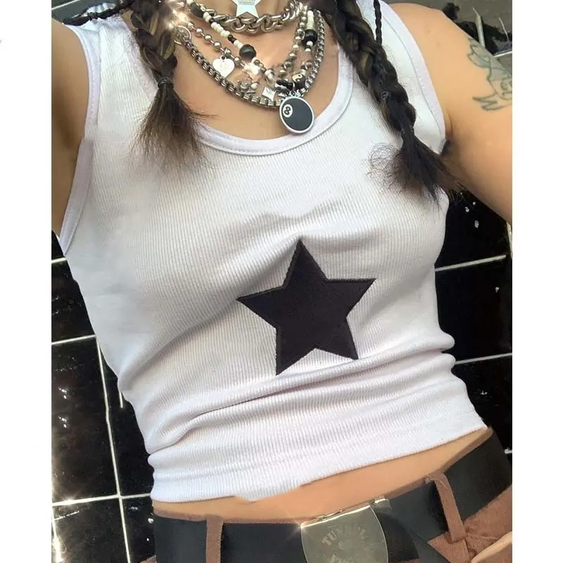 Mulheres Tanques Camis Combhasaki Mulheres Y2K Egirl Grunge Crop Tops Verão Fit Colete Estrela Bordado Scoop Neck Sem Mangas Casual Regata para Mulheres 230428