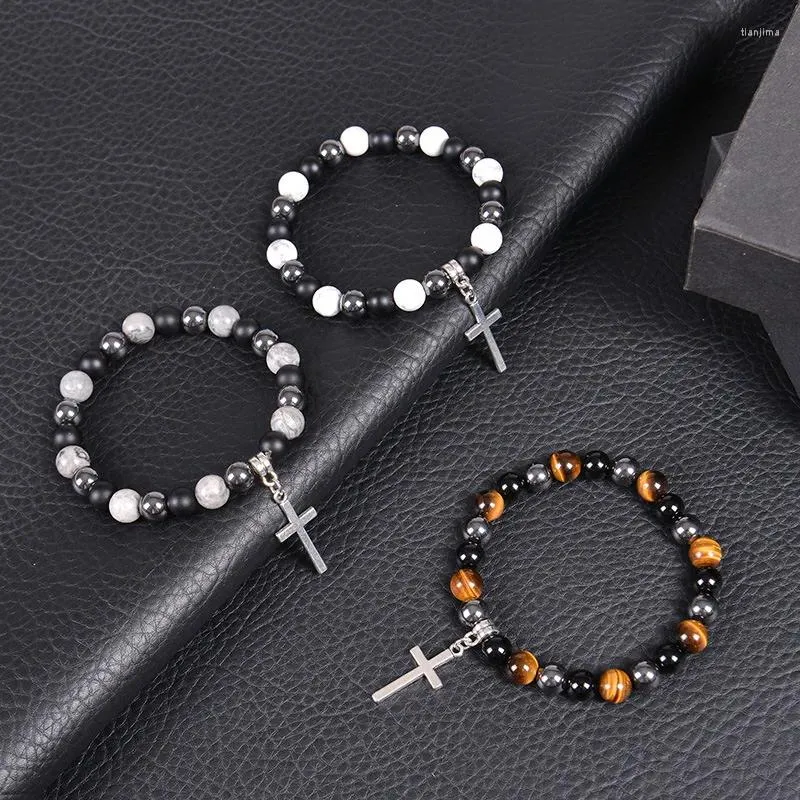 Bracelet magnétique noir naturel, fil Turquoise blanc, pendentif croix de Religion, breloque pour femmes et hommes, bijoux de Yoga