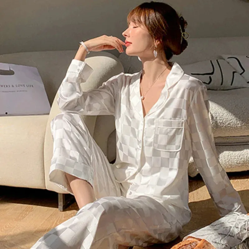 Sexy pyjama Pyjama's Zijden pak met lange mouwen Jacquard Plaid Hoogwaardig ijs kan buiten thuis worden gedragen 231129