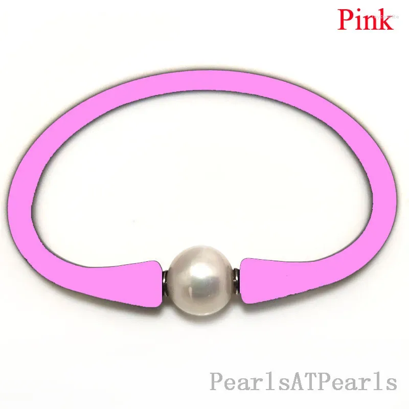 Charm Bracelets 7.5 Inches 10-11mm One Natural Round Pearl Pink Elastic Rubber Silicone Bracelet