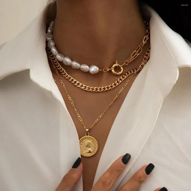 Kedjor Multilayer Vintage Portrait Pendant Necklace Women Gold Color Cuba Chain Asymmetric Pear Loaded For XZ-02