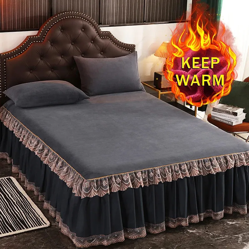 Saia de cama cor sólida inverno leite veludo cama saias quente macio estilo princesa renda colcha capa de cama saias para meninas lençóis antiderrapantes 231129