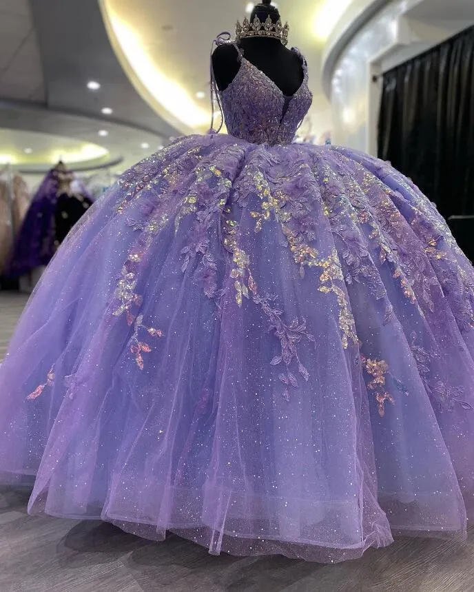 Lilas lavande princesse Quinceanera robes brillant Floral Applique chapelle Train à lacets Corset vestido de 15 quinceaneras