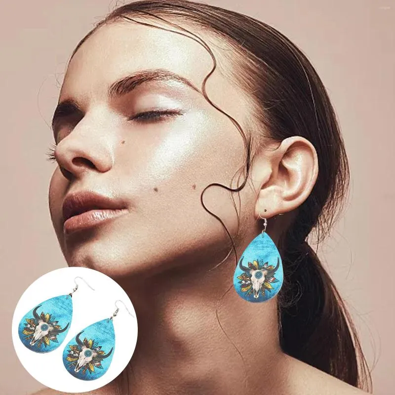 Hoop Earrings Western Style Retro Personality Bull Head Leather Colorful Petals Turquoise