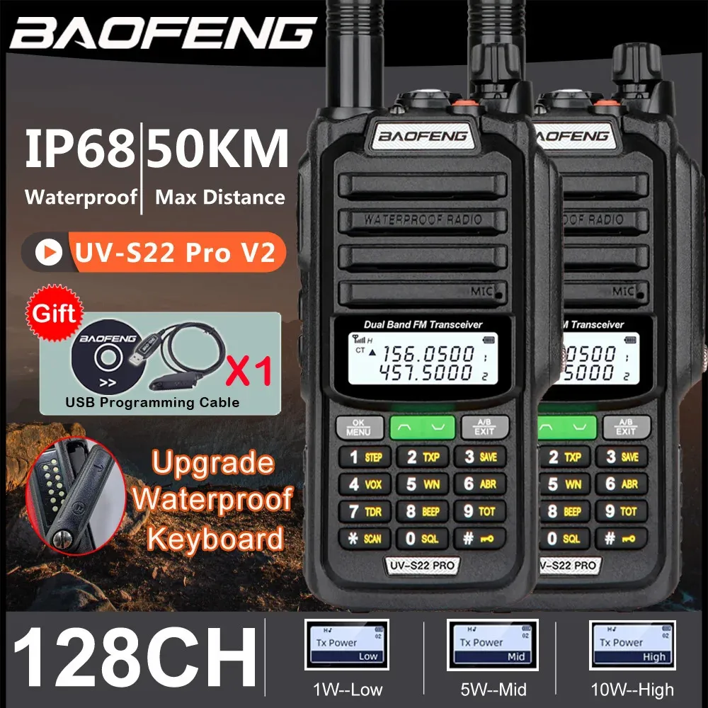 Walkie Talkie 2Pack 10W Tri Power Baofeng UV S22 Pro V2 IP68防水高電力711アンテナラジオ2ウェイロングレンジ231128