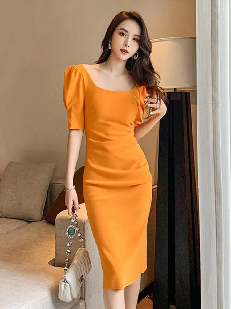 Party Dresses Summer Elegant Woman Gown Puff Sleeve Backless Midi Solid Slim Slit Bodycon Robe Date Holiday Lady Vestidos Femme Clothes