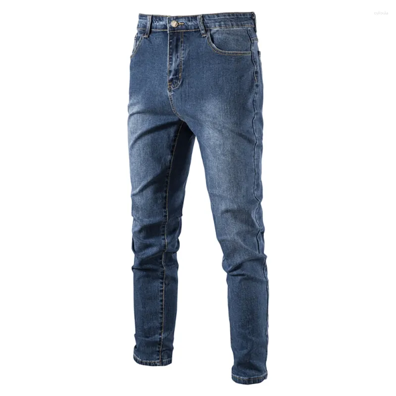 Män jeans bomull stretchy blå män avslappnad fast färg mitt midja mens koreanska denim byxor hösten hög kvalitet blixtlås jean för