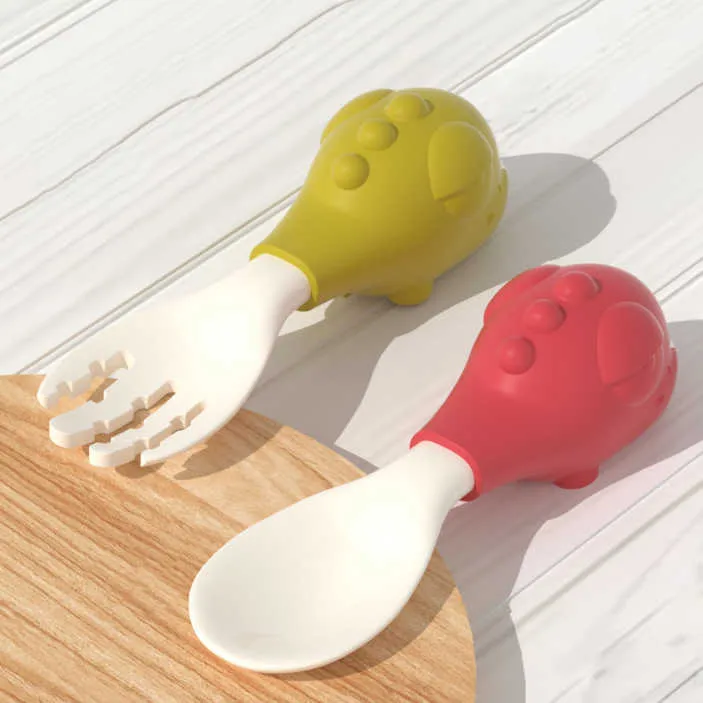 カップ料理の調理器具2pcs/set baby spoon fork pp+tpe Childrer cutlery set給餌ベビー用品トレーニングソフトヘッドスプーンセットショートイージースプーンP230314