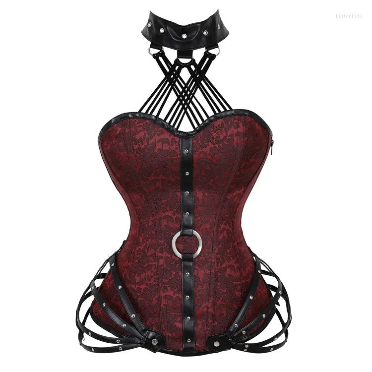 Bustiers korsetten Gotische Steampunk Sexy korset Vintage bloemenleer Bustier metaal met ketting afslank