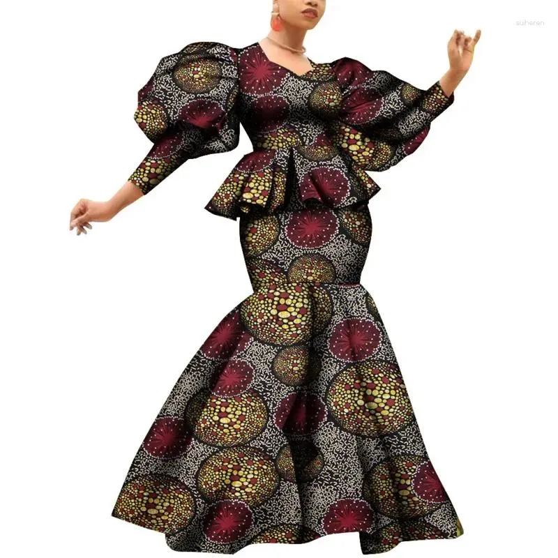 Ethnic Clothing African Skirt And Top Set Women Party Wedding Puff Sleeve Special Collar Blouse Hip Pleated Plus Size Clothes WY9816