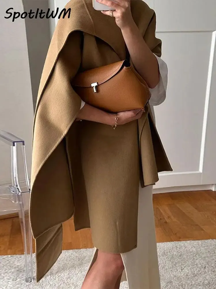 Kvinnors jackor eleganta ull blandar Cape Jacket för kvinnor chic oneck Loose Trench Coat med halsduk 2023 Autumn Winter Female Streetwear 231129