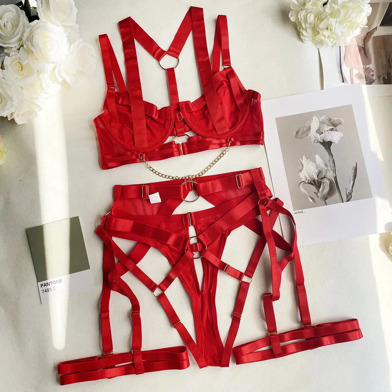 Womens Push Up Bandage Garter Kit Cut Out Lingerie Set With