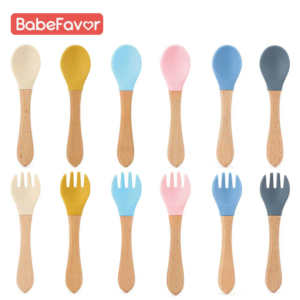 Cups Dishes Utensils 1pc baby silicone wooden Fork and Spoon Set Children Spoon Fork Tableware Baby Feeding Accessories Kid Training Eat Solid Food P230314