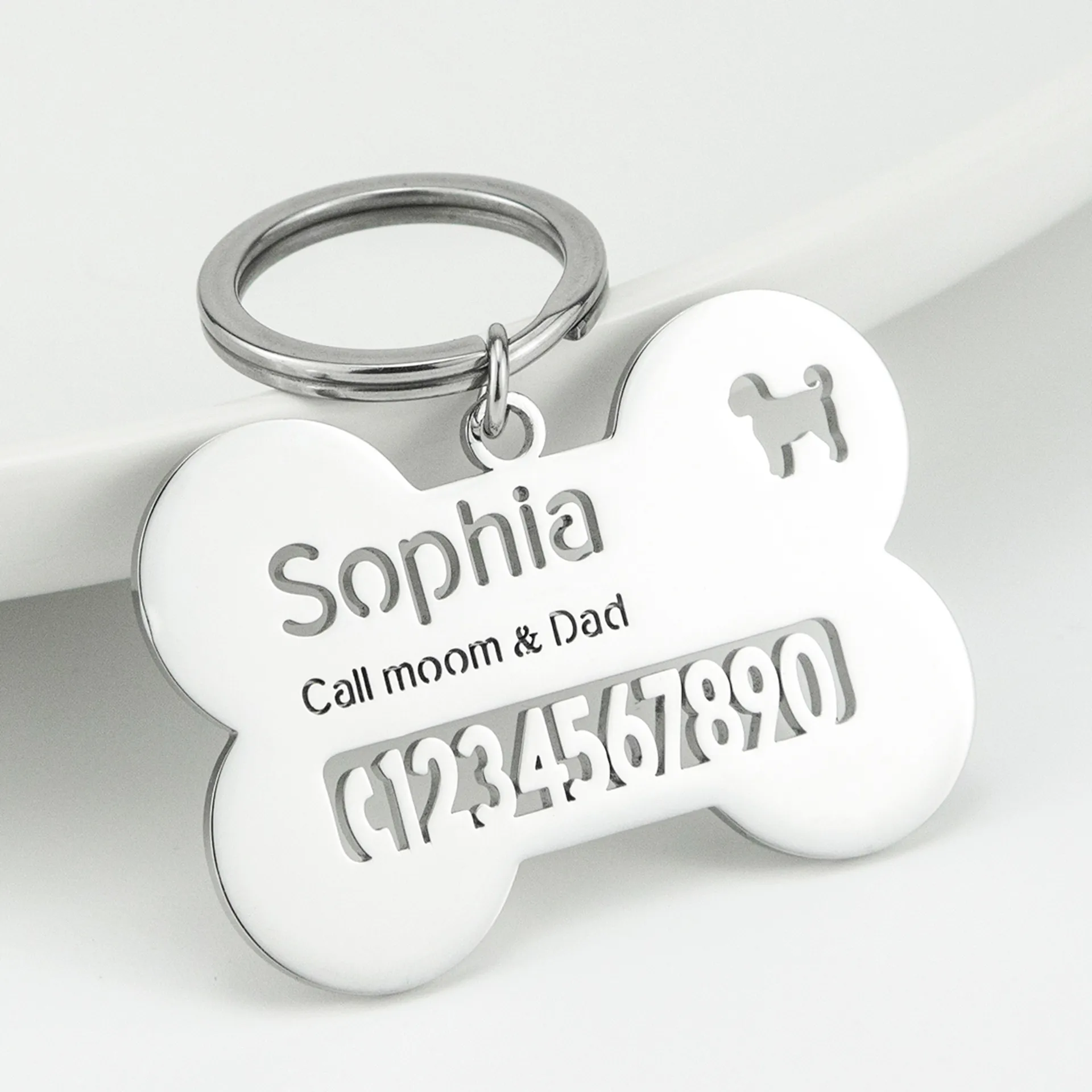 Custom Personalized Name Keychain Stainless Steel Designed with Bone Contact Phone Number Keychain Pet Pendant