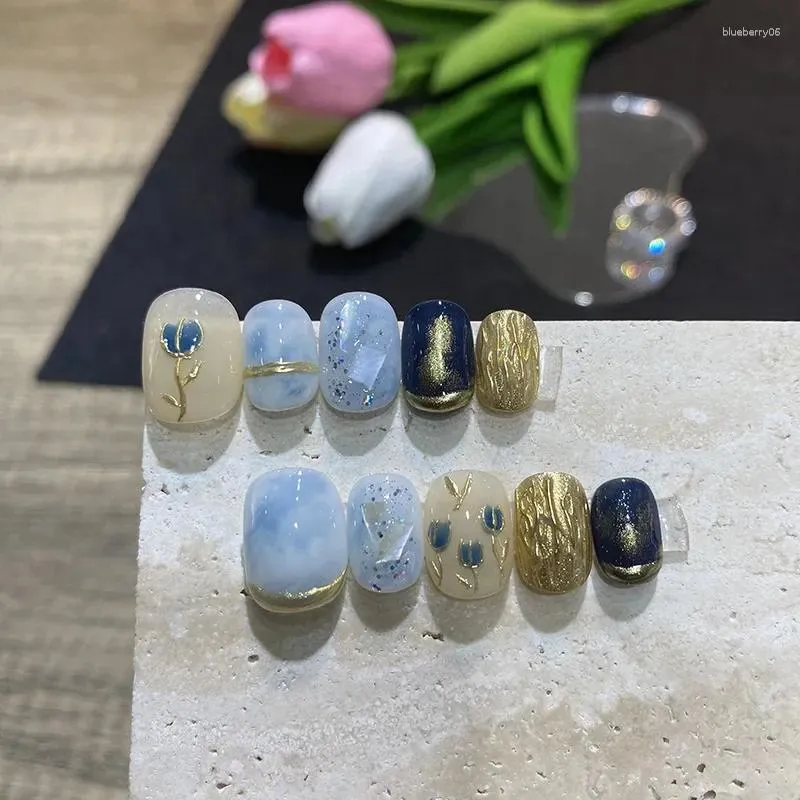 Kunstnagels 10 stuks blauw handgemaakte pers op nagel korte ronde kop halo vlek ontwerp volledige dekking nep kunstmatige draagbare manicure tips