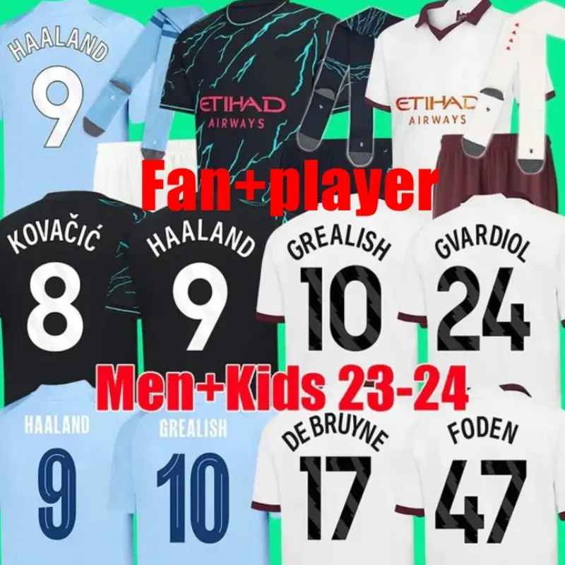 23 24 Maglie da calcio Haaland Man City Shirt da calcio De Bruyne Rodrigo Grealish Foden 2023 2024 Mans Cities Bernardo Ruben Doku Aarez Fan Fans Kit Kit