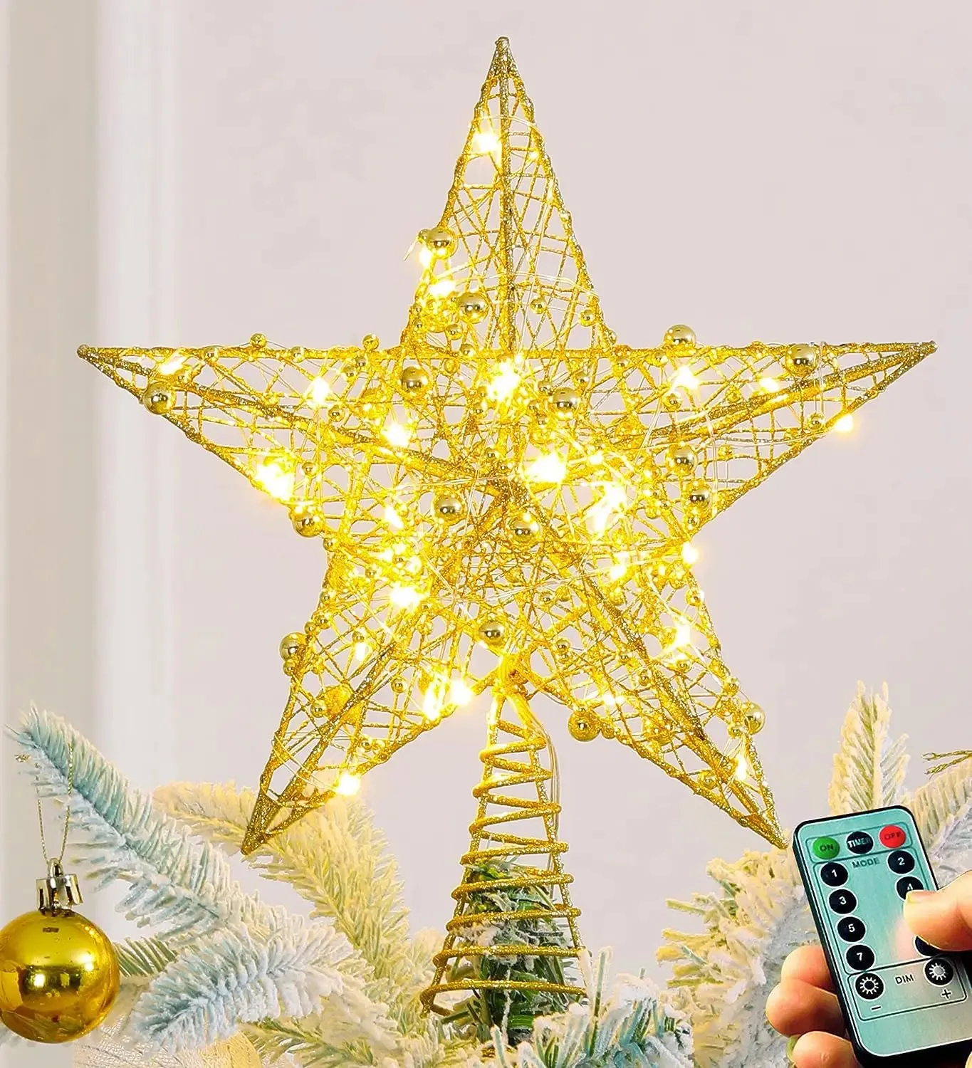Objetos decorativos estatuetas ferro glitter pó enfeites de árvore de natal estrelas superiores com lâmpada de luz led decorações para casa árvores de natal 231128