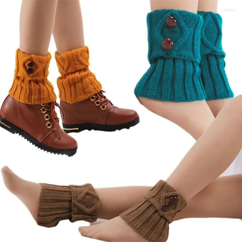 Calcetines de mujer, niñas, botas, botones, puños tejidos, ganchillo corto, Color sólido, invierno, cálido, nieve, esquí, sin pies