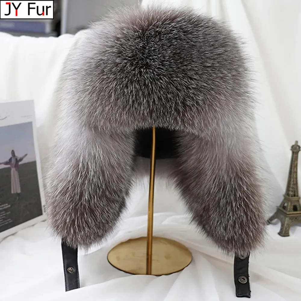 Breda randen hattar hink vinter Men 100 Real Silver Fur Bomber Hat Raccoon Ushanka Cap Trapper Russian Man Ski Caps Leather 231128