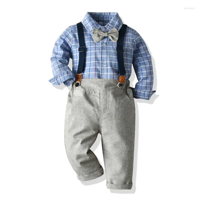 Kläderuppsättningar Export Children's Boys British Style Suspender Pants Play Plaid Långärmad skjorta Tvådelar Set Wholesale