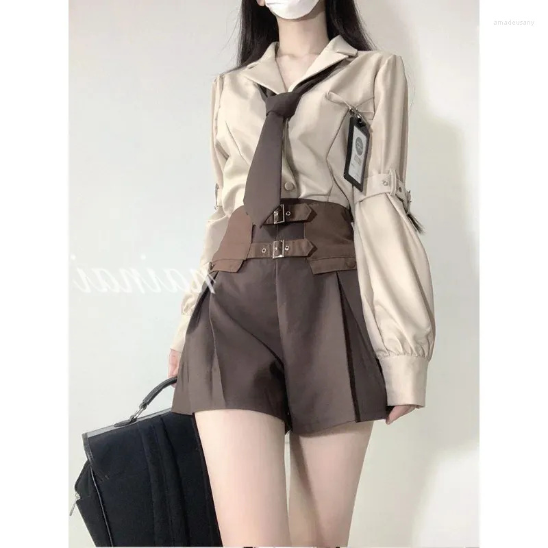 Women's Tracksuits Women Suit 2023 Autumn College Style Design Sense Collar Shirt H-shaped Pleated High Waist Brown Shorts Retro Two Piece