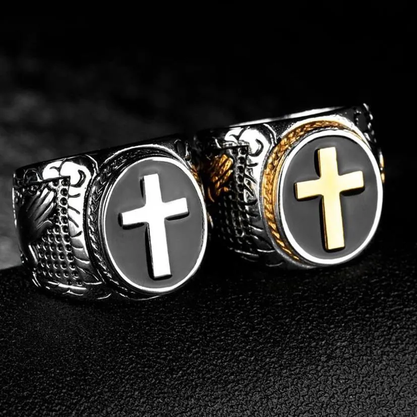 Wedding Rings Christian Holy Jesus Cross Unisex Prayer German Eagle Enamel Ring Templar For Women Men Stainless Steel Black Religi252L